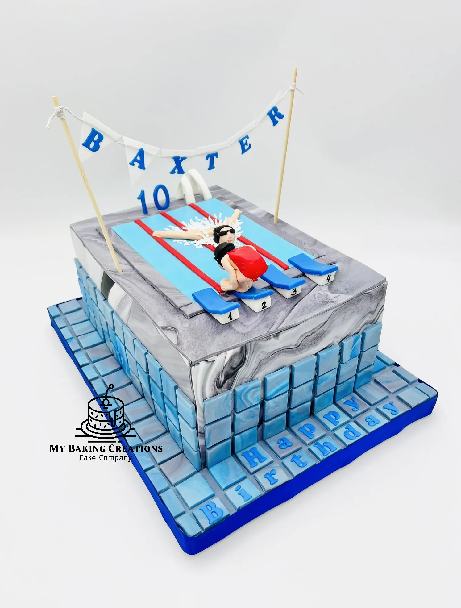 Custom rooftop swimming pool sculpted birthday cake Bay Area